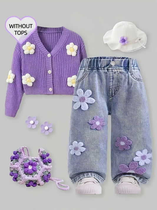 Girls' Colorful Floral Embroidered Loose-fit Jeans, Suitable for Spring/summer and All Seasons. Made of Comfortable, Soft Denim with an Elastic Waistband, Perfect for Daily Wear and Outdoor Activities. Ideal as a Holiday Gift for Girls, Suitable for