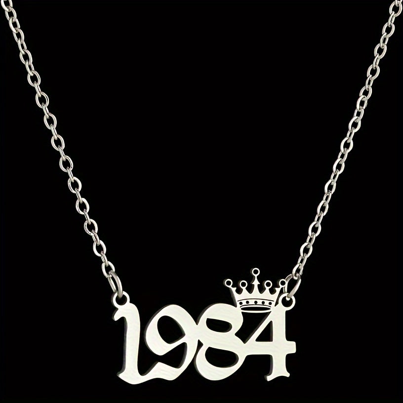 1 Elegant and Stylish Stainless Steel Polished Year Number Necklace, Unique Date Birthday Crown Pendant Necklace Gift for 1980-2024, Versatile Casual Attire Collarbone Chain Holiday Present