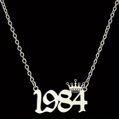 1 Elegant and Stylish Stainless Steel Polished Year Number Necklace, Unique Date Birthday Crown Pendant Necklace Gift for 1980-2024, Versatile Casual Attire Collarbone Chain Holiday Present
