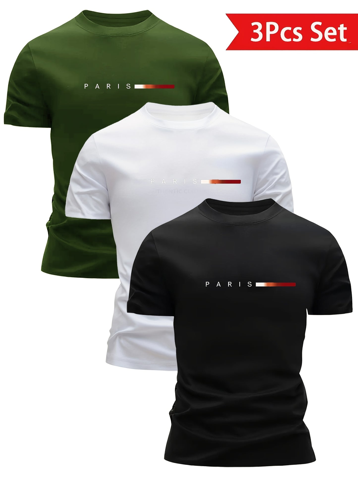 3pcs Men'S Lightweight Breathable T-Shirts - Quick-Dry Moisture-Wicking Round Neck Tops with Paris Print, All-Season Casual & Formal Wear, Sweat-Resistant