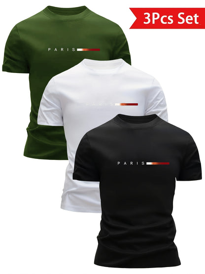 3pcs Men'S Lightweight Breathable T-Shirts - Quick-Dry Moisture-Wicking Round Neck Tops with Paris Print, All-Season Casual & Formal Wear, Sweat-Resistant