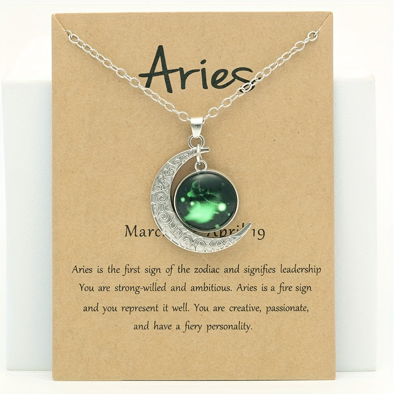 1pc Retro Glow-In-The-Dark Zodiac Moon Pendant Necklace - Vintage Style, Zinc Alloy with Accents, Adjustable Chain for Women - Ideal for Daily Wear & Gifting, Zodiac Jewelry, Gift Jewelry, Vintage Jewelry, Durable Jewelry