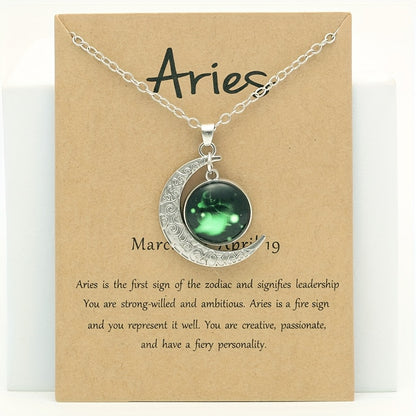 1pc Retro Glow-In-The-Dark Zodiac Moon Pendant Necklace - Vintage Style, Zinc Alloy with Accents, Adjustable Chain for Women - Ideal for Daily Wear & Gifting, Zodiac Jewelry, Gift Jewelry, Vintage Jewelry, Durable Jewelry