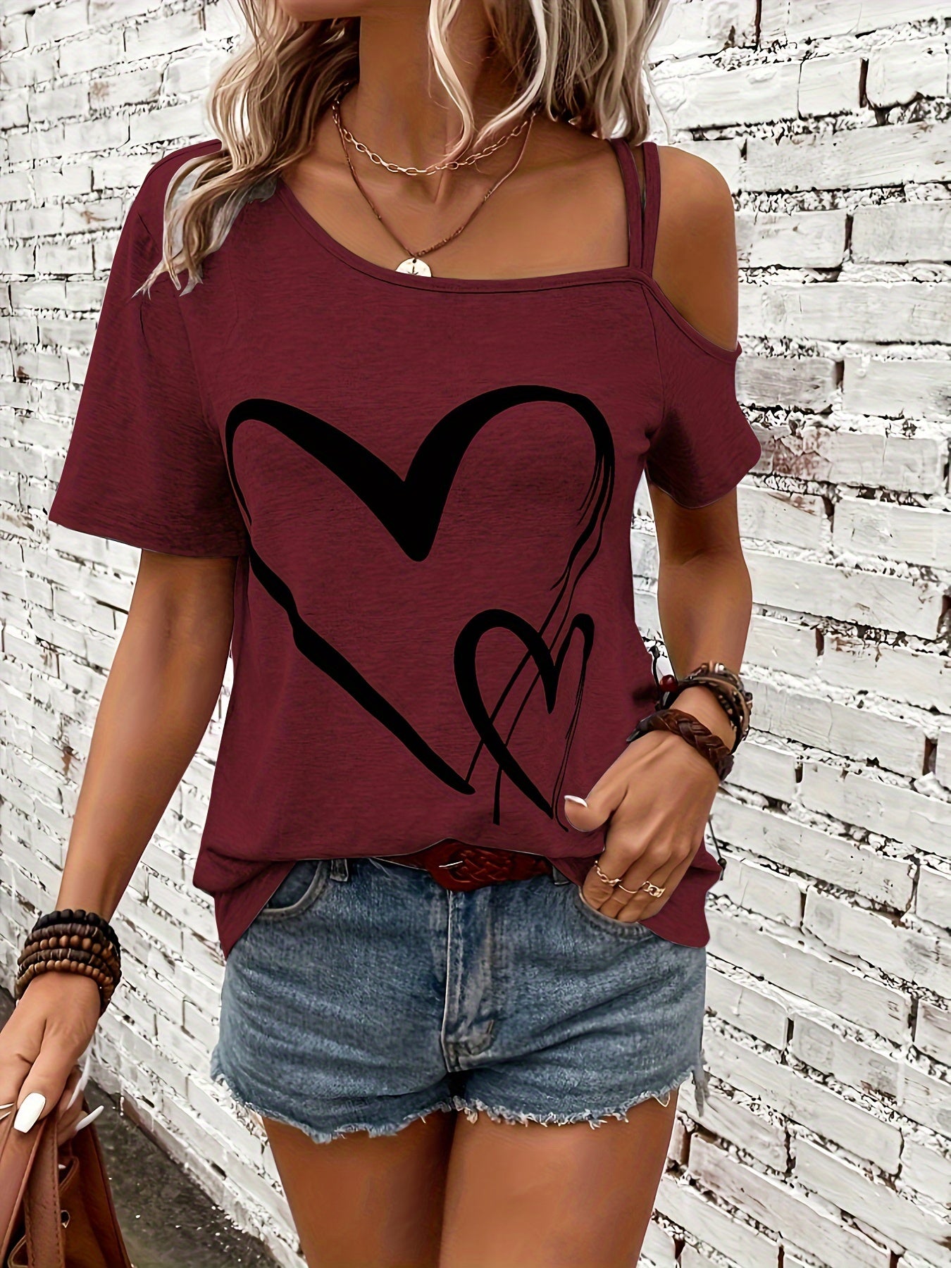 Heart Print One Shoulder T-shirt, Elegant Short Sleeve Top For Spring & Summer, Women's Clothing