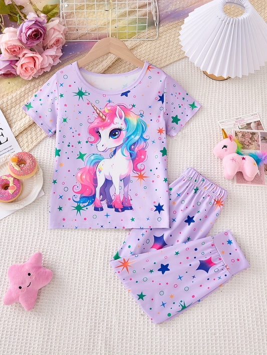 Girls' Spring/Summer/Autumn 2pcs Set: Glow-in-the-Dark Cute Unicorn Print Round Neck Pullover T-Shirt with Short Sleeves + Fluorescent Starry Sky Print Elastic Waistband Ankle-Length Pants. Cute Style Pants Set, Girls' Pants Set, Suitable for Daily