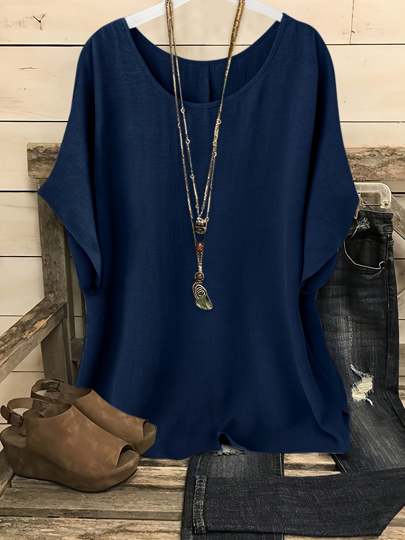 Casual Women'S Summer Top | Crew Neck, Short Sleeves, Loose Fit, Solid Color, Machine Washable, Ideal for Beach And Vacation Outings