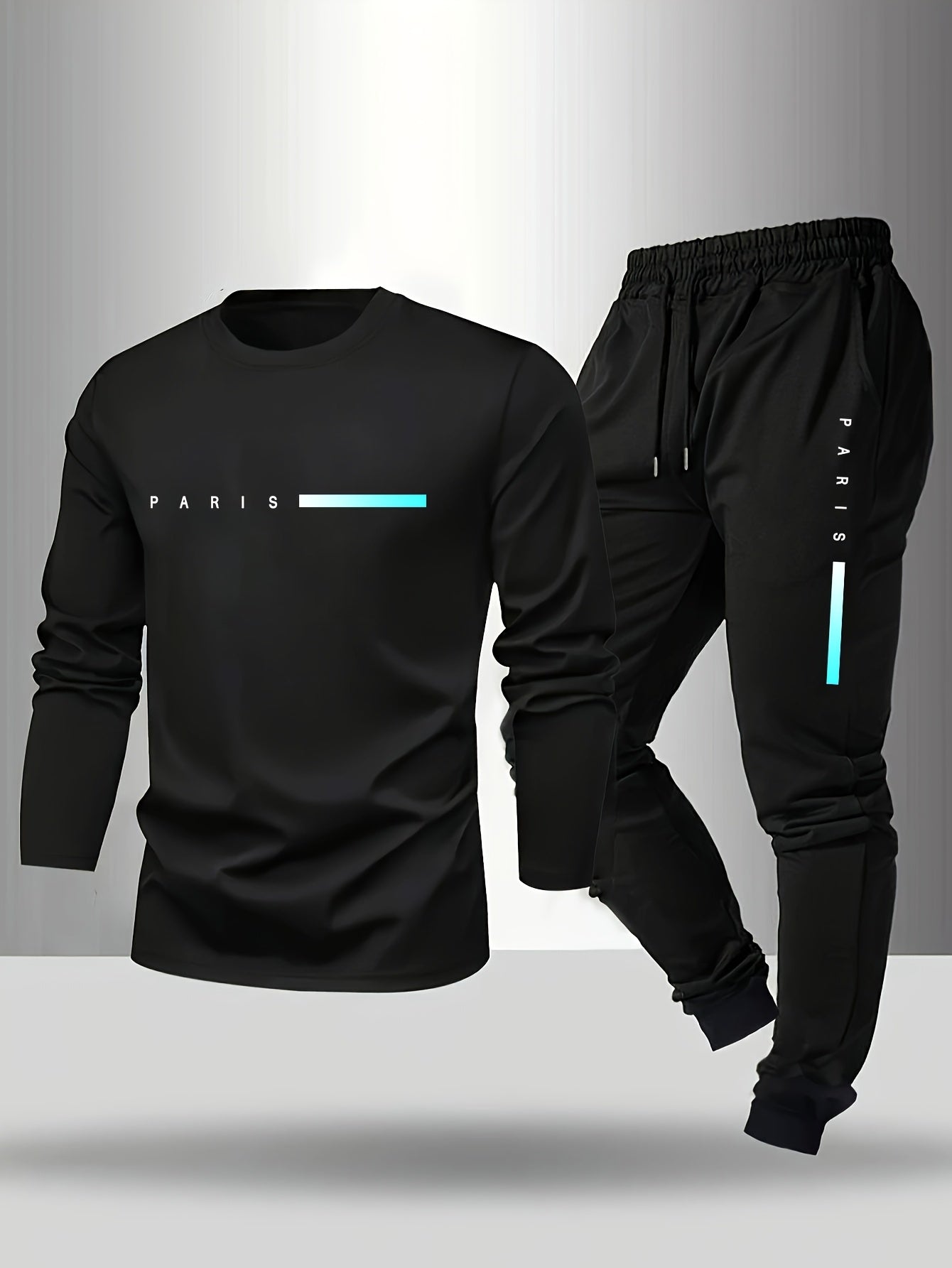 Men's Long Sleeve T-Shirt and Pants Set, Spring/Autumn 2-Piece Set with Paris Letter Print Crew Neck Long Sleeve T-Shirt + Drawstring Outdoor Casual Sports Pants Set 2-Piece