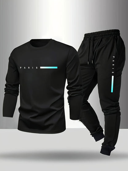 Men's Long Sleeve T-Shirt and Pants Set, Spring/Autumn 2-Piece Set with Paris Letter Print Crew Neck Long Sleeve T-Shirt + Drawstring Outdoor Casual Sports Pants Set 2-Piece