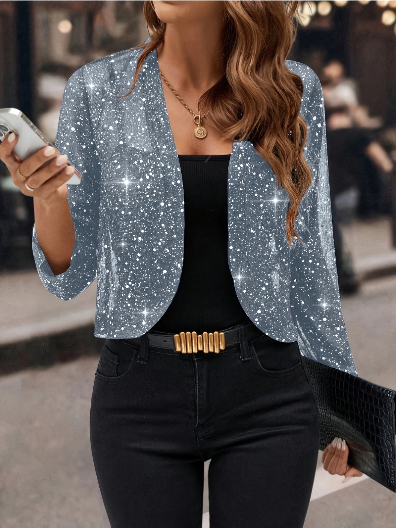 [Glitter Sequin Cardigan] Women's Glitter Sequin Cardigan Jacket, Golden Foil Pleated Fabric 3/4 Sleeve Short Cropped Blazer for Business Casual