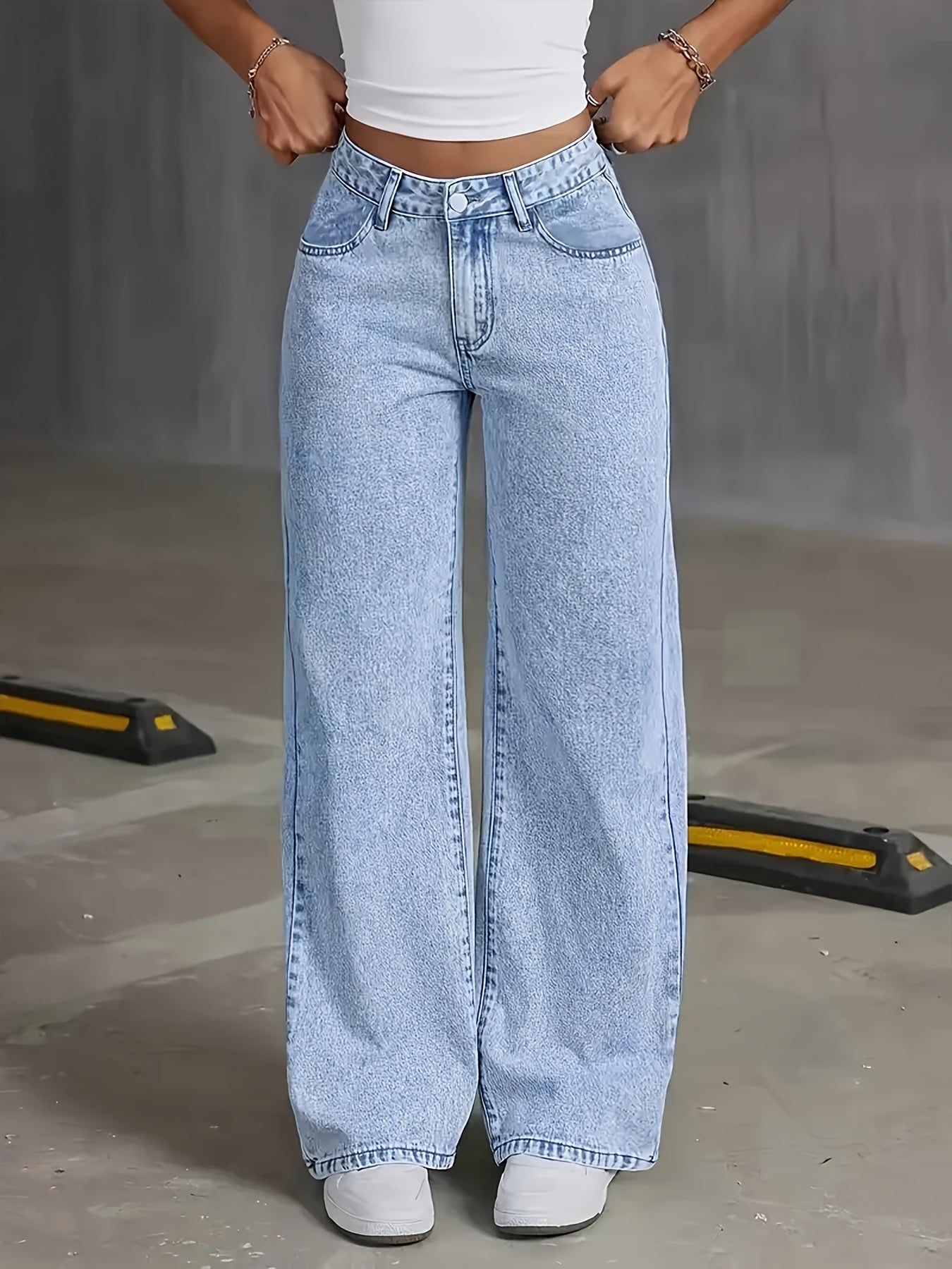 Women's 2026 New Stretch/Denim/Loose Wide Leg Straight Jeans/Acid Wash Light Blue/Tummy Control Casual Pants with Pockets/High Waisted Comfort Solid Color Pantalones/Elegant Ladies' Clothing/Fit for Travel, Work and Office Wear