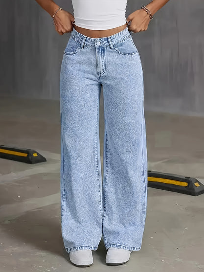 Women's 2026 New Stretch/Denim/Loose Wide Leg Straight Jeans/Acid Wash Light Blue/Tummy Control Casual Pants with Pockets/High Waisted Comfort Solid Color Pantalones/Elegant Ladies' Clothing/Fit for Travel, Work and Office Wear
