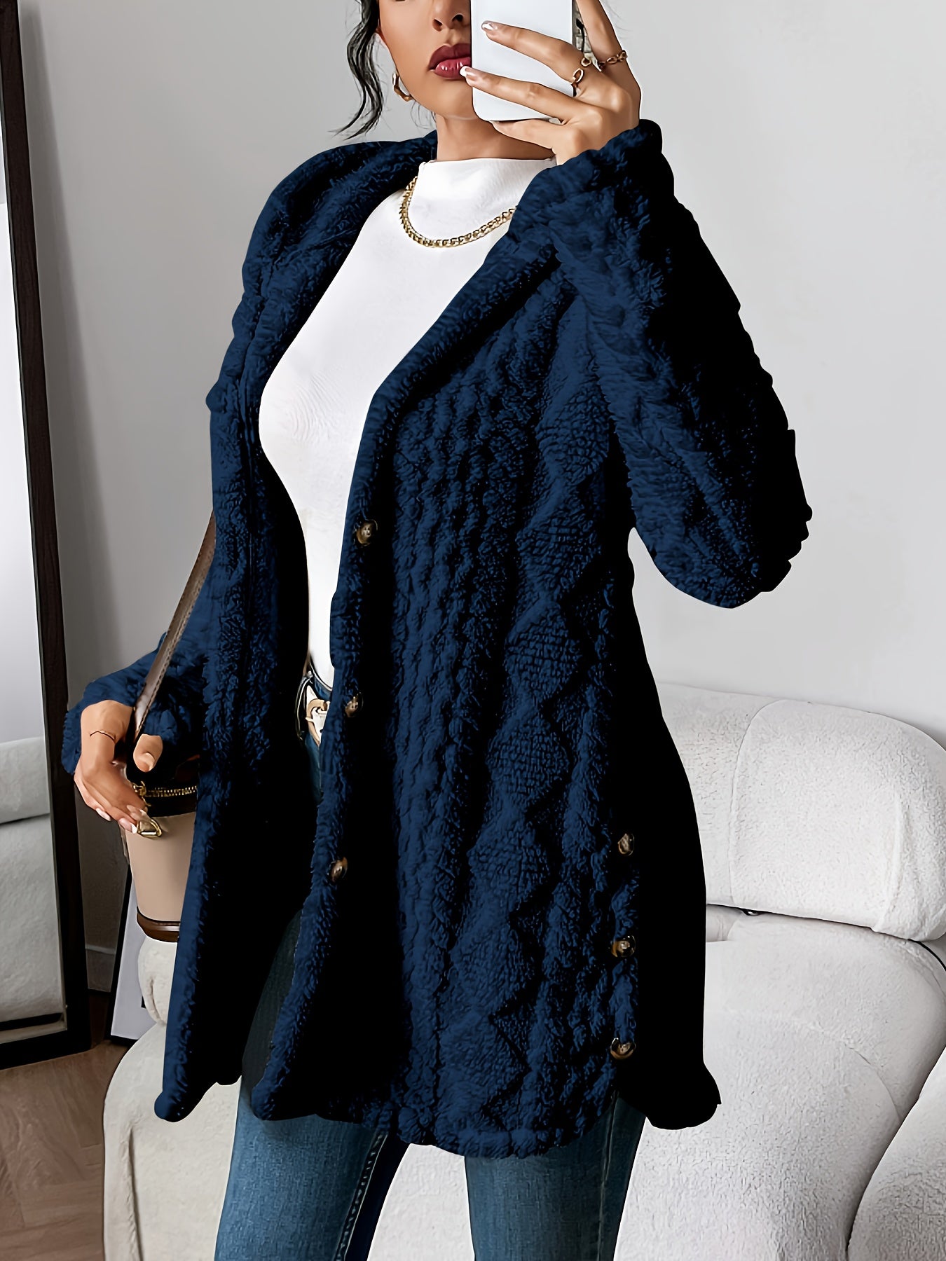 Autumn-Winter Warm Fashion Jacquard Plush Hooded Cardigan Coat