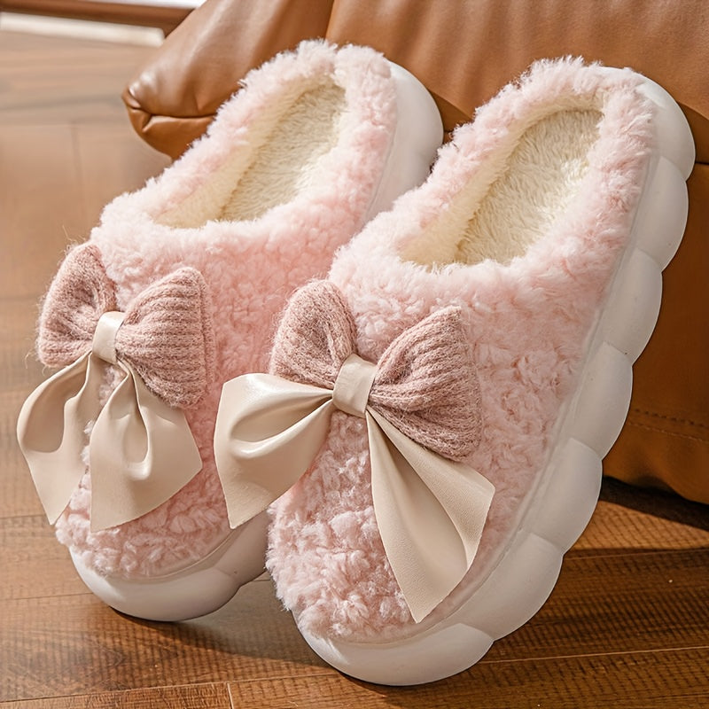 Women'S Cozy Fleece Slippers with Bow Detail - Thick Warm Indoor House Shoes, Soft Fabric Upper & PVC Sole, Cute Bow Design for Home Comfort, Winter Slippers | Playful Design | Plush Interior Lining, Women Slipper, Slipper For Woman, Maternity Slipper