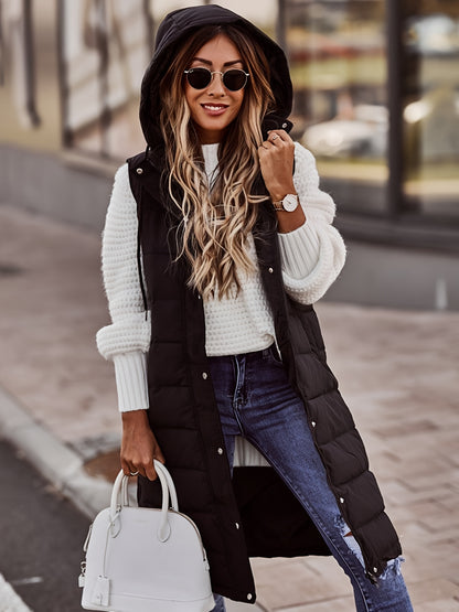 Solid Color Single-Breasted Long Padded Hooded Coat, Slim Fit Elegant Cardigan, Warm Pocket Vest
