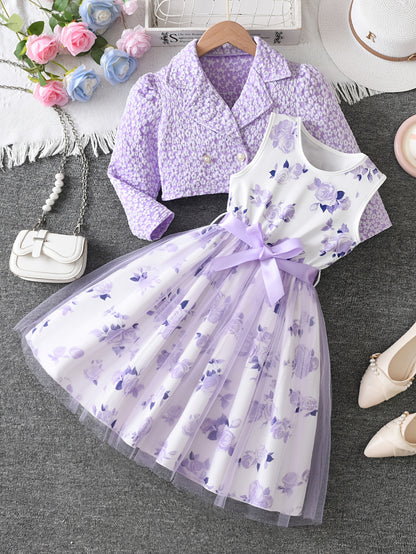 Girls' Autumn 2pcs Set: V-Neck Floral Print Long-Sleeve Outer Jacket and Rose Print Vest Dress with Spliced Mesh, Belt Included. A Stylish and Versatile Choice, Perfect for Daily Casual Wear, Outdoor Outings, Gatherings, Parties, and Other Special