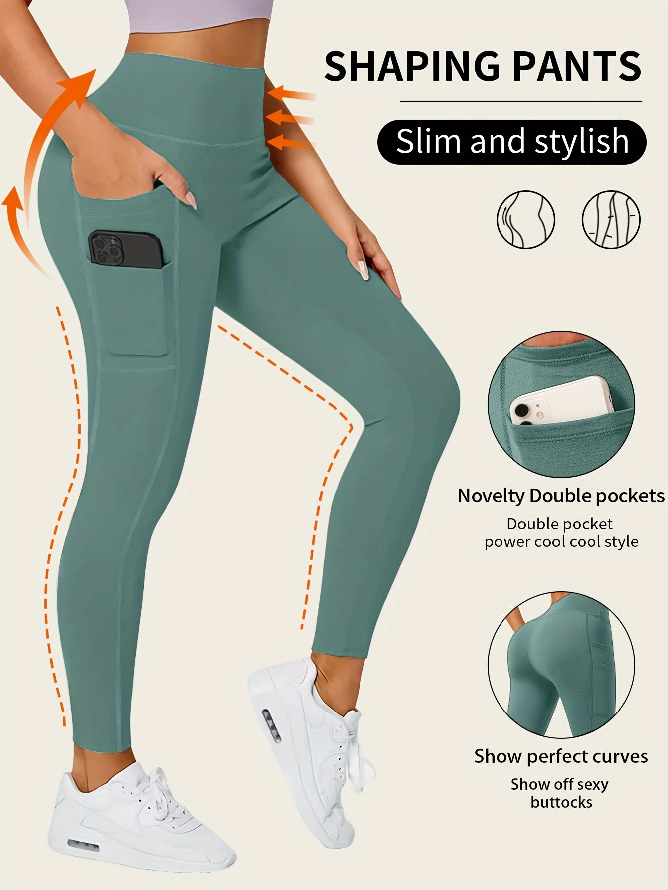 High-Waisted Leggings with Slim-Fit Double Pocket Design -  All-Season Pants, Tummy Control & Butt-Lifting for,, Casual Wear - Hand Washable Stretchy Bottoms