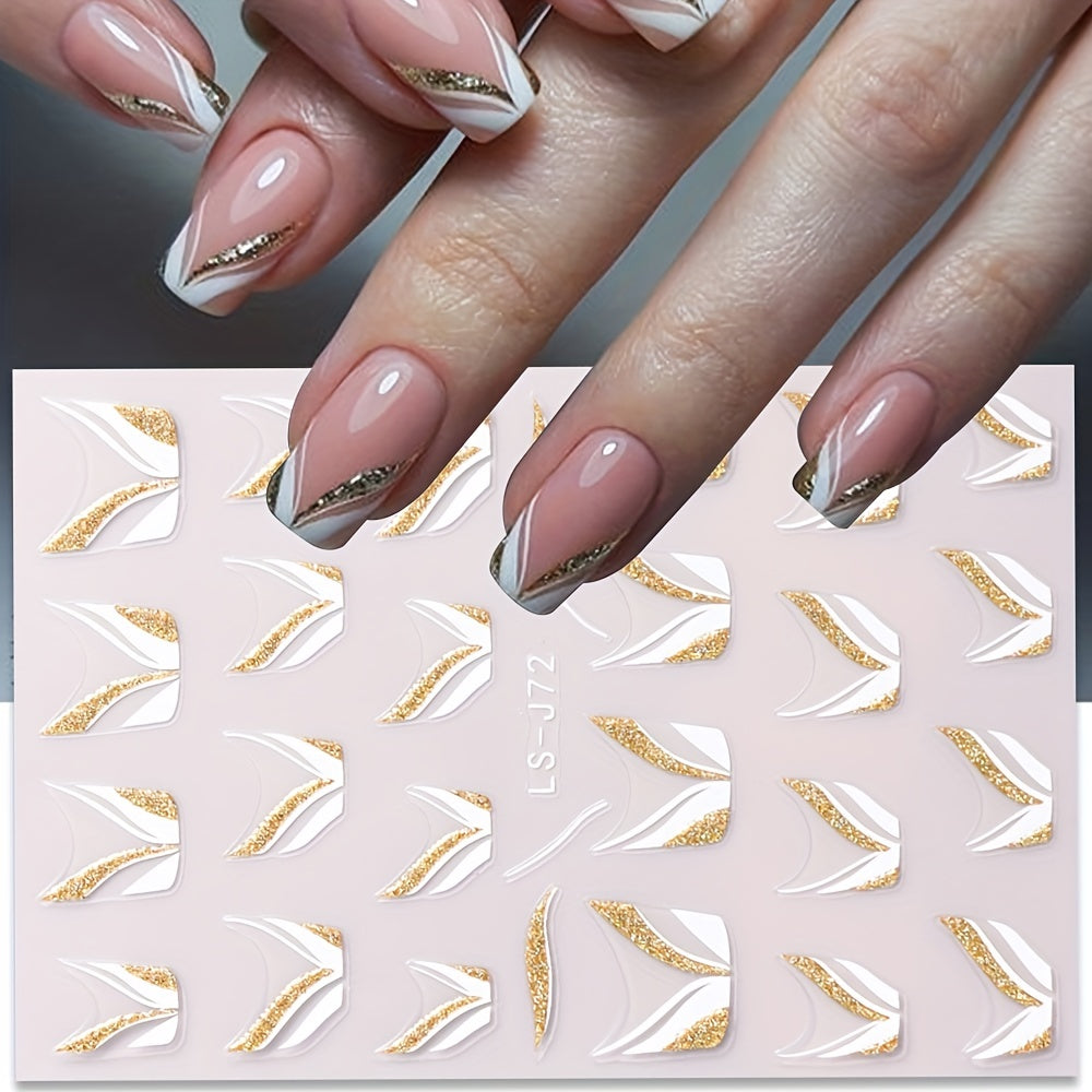 French Golden Silvery Glitter Ribbon Nail Stickers, Simple Nail Art Decals, Self-adhesive, Matte Finish, Unscented, Fantasy Theme, Irregular Shape, Paper Material, Single Use
