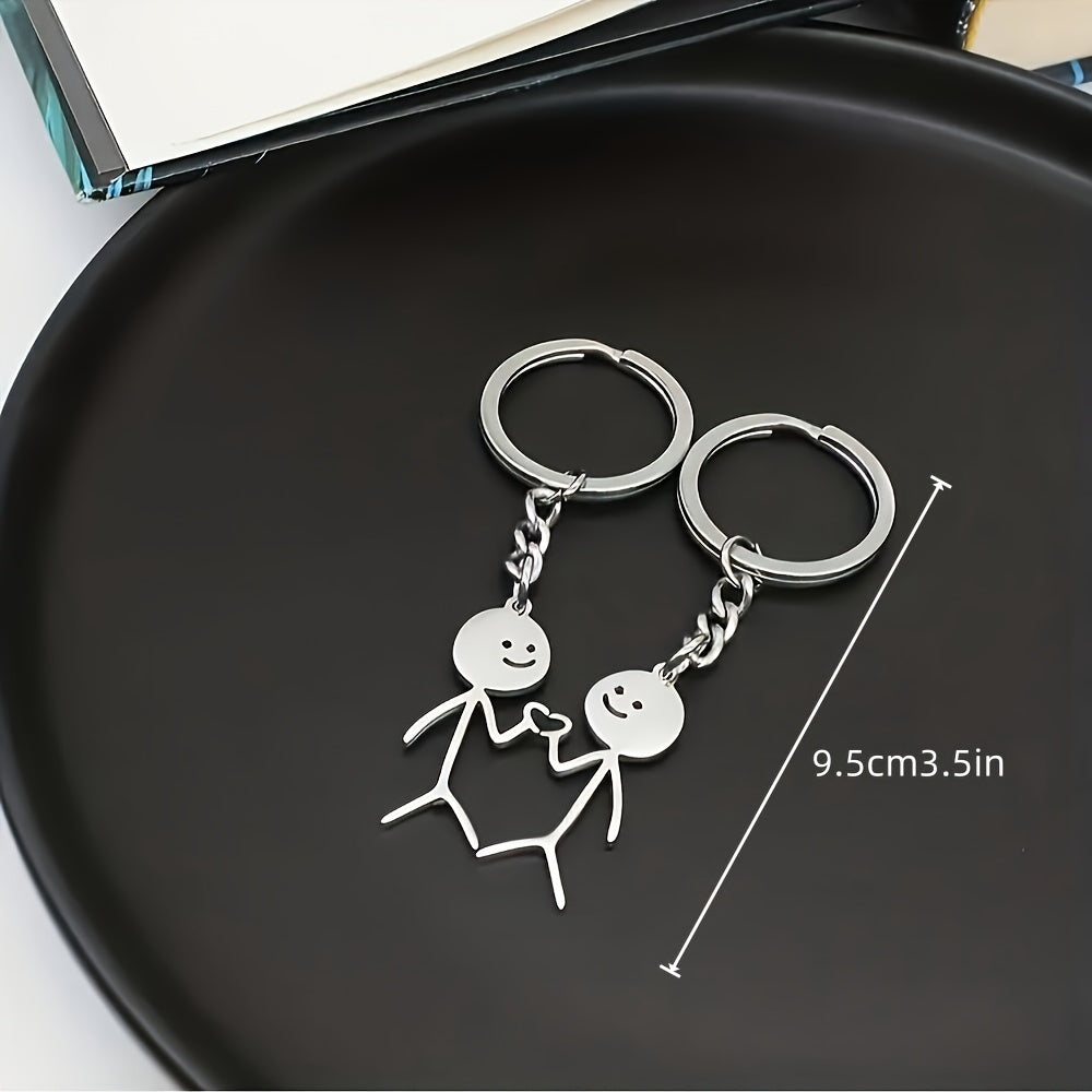 2pcs/set Alloy Stickman Matching Heart Keychain, Cute Ring Purse Bag Backpack Pendant Decoration, Valentines Gift For Him Her