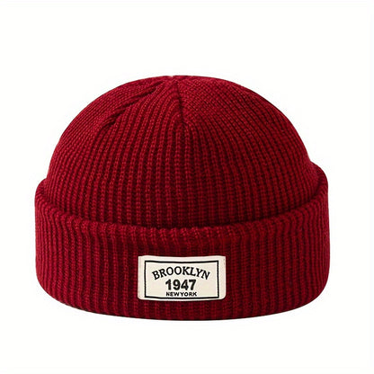 MAKEFGE Men's Fashion Knitted Beanie - Warm, Elastic Acrylic Winter Hat with Letter Patch, Ideal for Active Leisure, Holiday Gifts and Valentine's Day