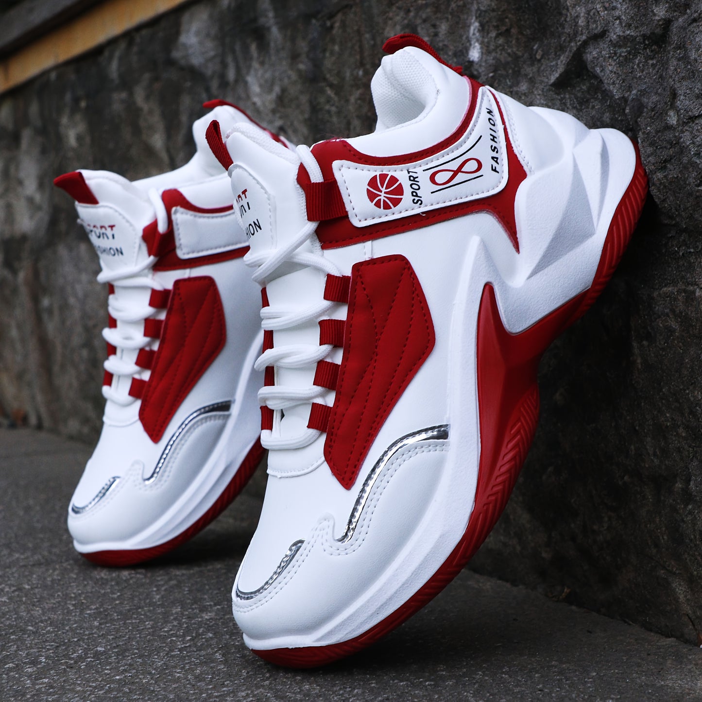 Men'S High-Top Sports Shoes, Lightweight Running Shoes with a Non-Slip Rubber Sole, Featuring a White And Red Color Scheme. Suitable for Gym Workouts, Walking, And Everyday Use Throughout The Year. These Lace-Up Fitness Shoes Have a High-Top Design
