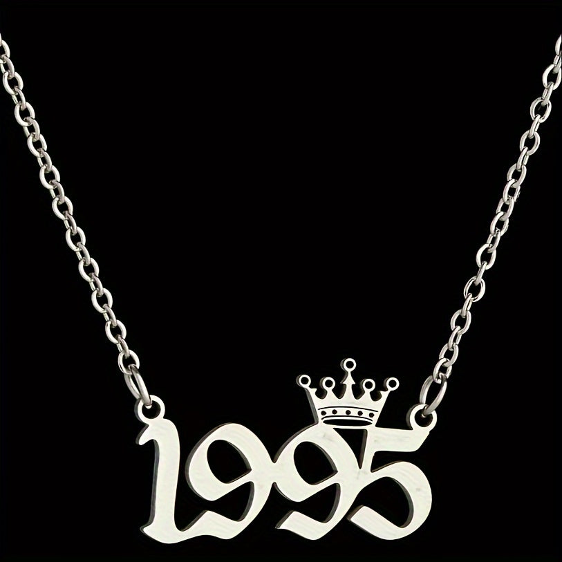 1 Elegant and Stylish Stainless Steel Polished Year Number Necklace, Unique Date Birthday Crown Pendant Necklace Gift for 1980-2024, Versatile Casual Attire Collarbone Chain Holiday Present