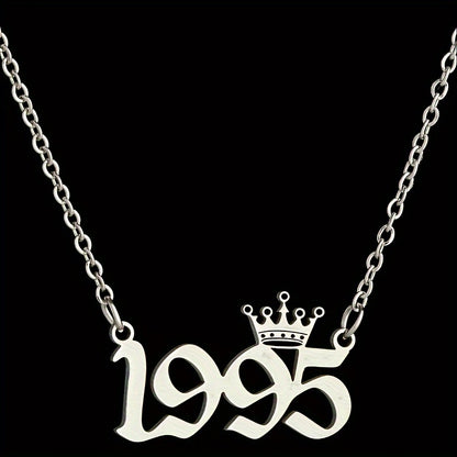 1 Elegant and Stylish Stainless Steel Polished Year Number Necklace, Unique Date Birthday Crown Pendant Necklace Gift for 1980-2024, Versatile Casual Attire Collarbone Chain Holiday Present