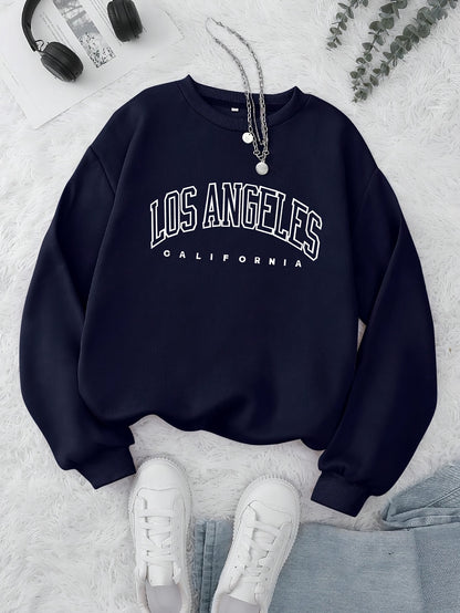 Los Angeles Print Preppy Sweatshirt, Long Sleeve Crew Neck Casual Sweatshirt For Winter & Fall, Women's Clothing