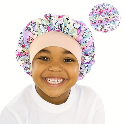 Unicorn Cartoon Printed Youngsters's Satin Cap, Hair Care Cap