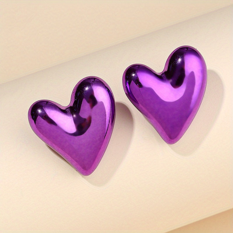 Colorful Glossy Heart Design Stud Earrings Acrylic Jewelry Simple Leisure Style Adorable Gift For Lovers