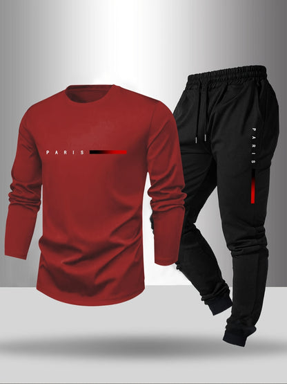 Men's Long Sleeve T-Shirt and Pants Set, Spring/Autumn 2-Piece Set with Paris Letter Print Crew Neck Long Sleeve T-Shirt + Drawstring Outdoor Casual Sports Pants Set 2-Piece