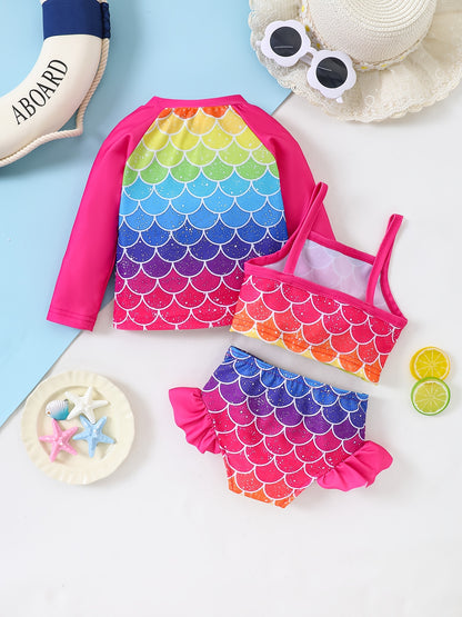 Girls' Fashion Swimsuit Set, Three-Piece Mermaid Rainbow Horse Rainbow Fish Scale, Cover-Up Camisole Shorts Bikini Split Set