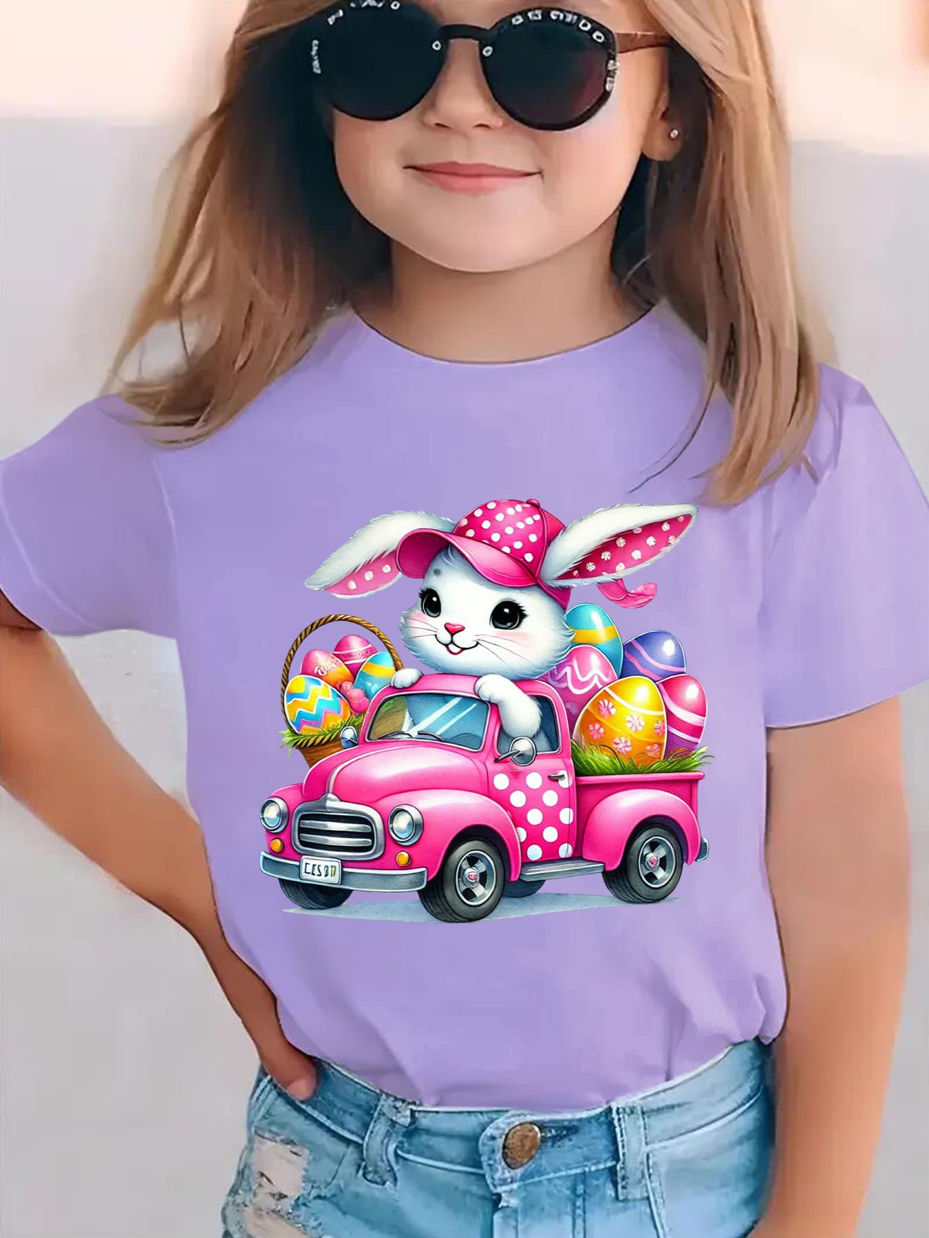 Girls' Easter Bunny Driving with Eggs Short Sleeve T-Shirt - Cute & EASTER Lettering Spring Summer Casual Round Neck Blouse for Easter Egg Hunt Outfits NY-DX5447