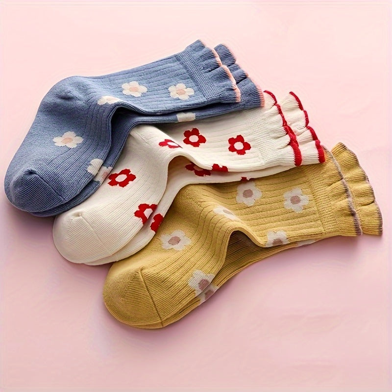 5pairs Youngsters' Breathable & Soft Crew Socks - Fashionable Floral Design, Perfect for Spring/Summer -