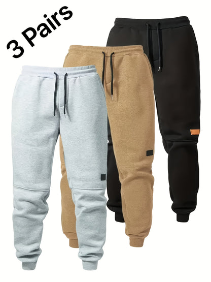 3pcs Men'S Joggers with Elastic Waistband & Drawstring - Casual Solid Color Sweatpants, Regular Fit, Knee-Length, Comfortable for Fall/Winter, Jogging Pants, Jogging P, Everyday Sweatpants, Durable Sweatpants, Winter Joggers, Classic Joggers, Joggers