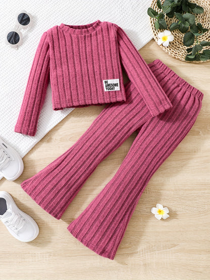 Young Girl Letter Collage Detail T-Shirt And Flared Pants, for Outdoor