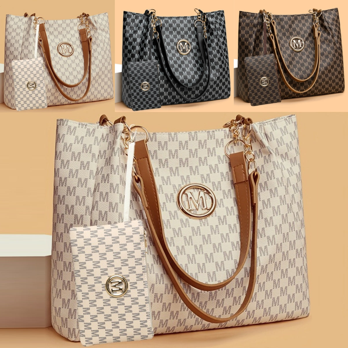 Fashionable Retro Style Women'S Tote Bag with "M" Print | Large Capacity, Fixed Shoulder Straps, Lining, Ideal for Daily Use and Work Commute, Includes Matching Wallet