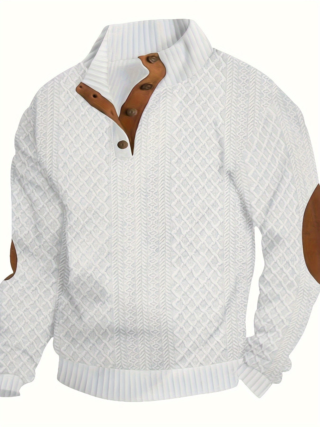 [Casual | Sports] Gray Men's Casual Sports Sweatshirt | Diamond Pattern Knitted Jacquard, Stand Collar, Long Sleeve, Stretch Fabric, Button Detail with Orange Accents