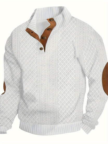 [Casual | Sports] Gray Men's Casual Sports Sweatshirt | Diamond Pattern Knitted Jacquard, Stand Collar, Long Sleeve, Stretch Fabric, Button Detail with Orange Accents