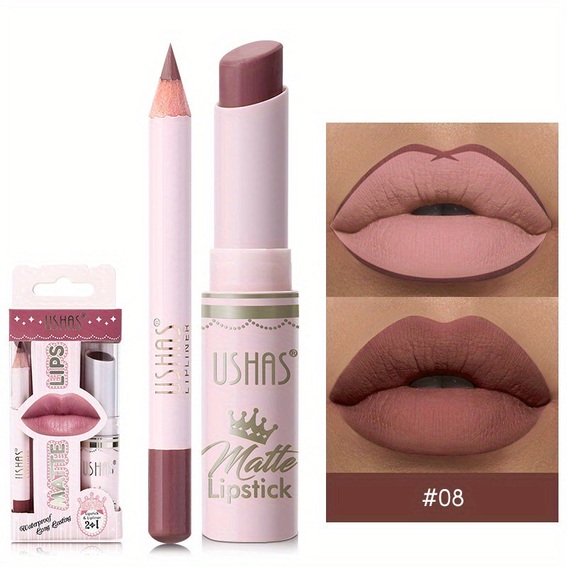 24 Hour Waterproof Velvet Matte Lipstick + Lip Liner - Nonstick Cup Lipgloss Lip Stain Pigmented Lip Makeup - Golden Box Nude Lipstick Valentine's Day Gifts