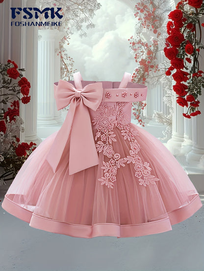 New Children'S First Birthday Baptism Dress Princess Dress Baby Girl Mesh Tutu Skirt Bow Dress Party Dress Off-The-Shoulder Embroidered Dress 1