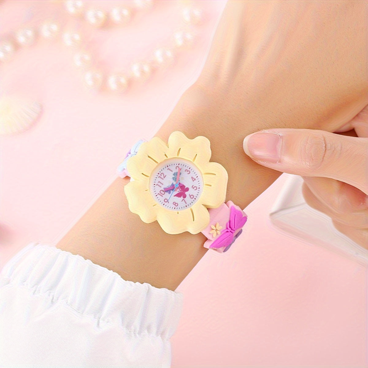 [3D Flower Butterfly Watch] Cute 3D Flower & Butterfly Watch with Soft PVC Case - Youngsters's Learning Clock, Analog Quartz Movement Wristwatch for &, - (Low Voltage)