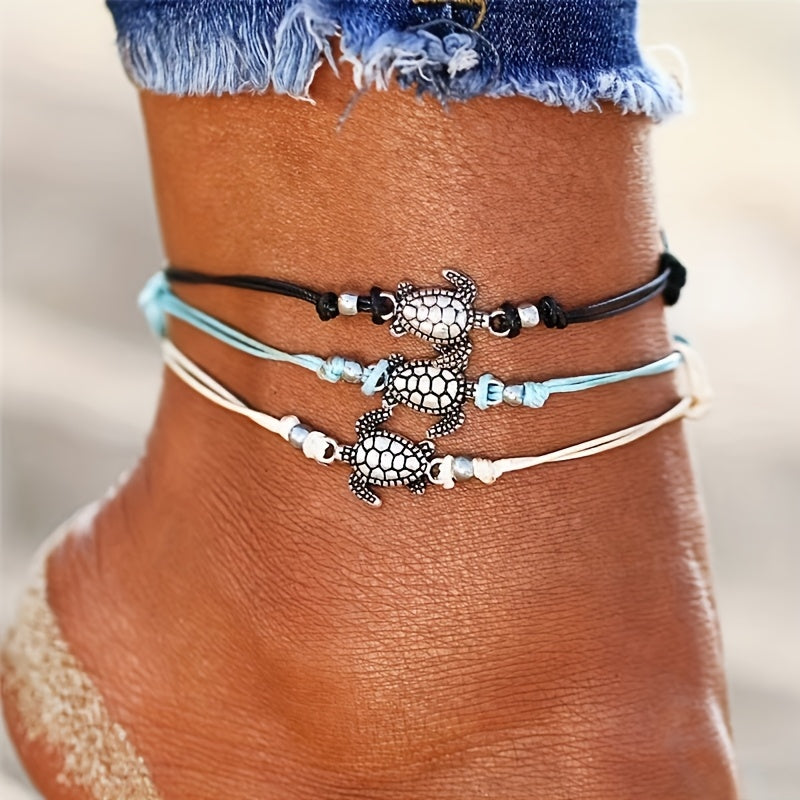 Adjustable Length Retro Hemp Turtle Anklet Handwoven Turtle Beach Foot Jewelry