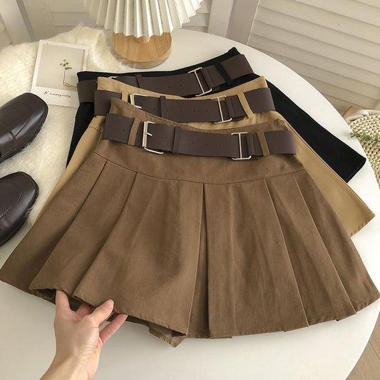 With belt high waist pleated skirt women's spring and summer 2025 new Korean version versatile anti-light khaki skirt