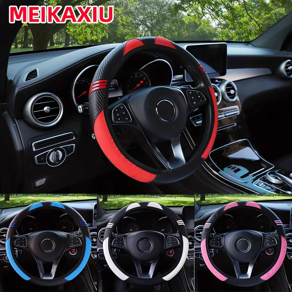 Steering Wheel Cover, PU Leather Carbon Fiber Cute Cartoon Fashion Without Inner Ring, Suitable for 37-38cm, Car Accessories