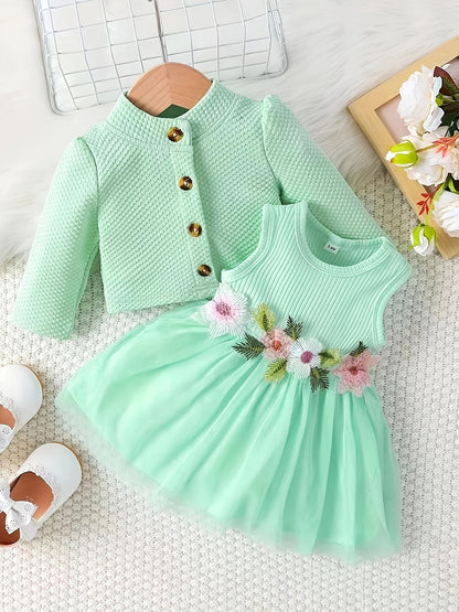 [Casual | Floral] Long Sleeve Floral Girls' Casual Dress | Skirt Set with Jacket