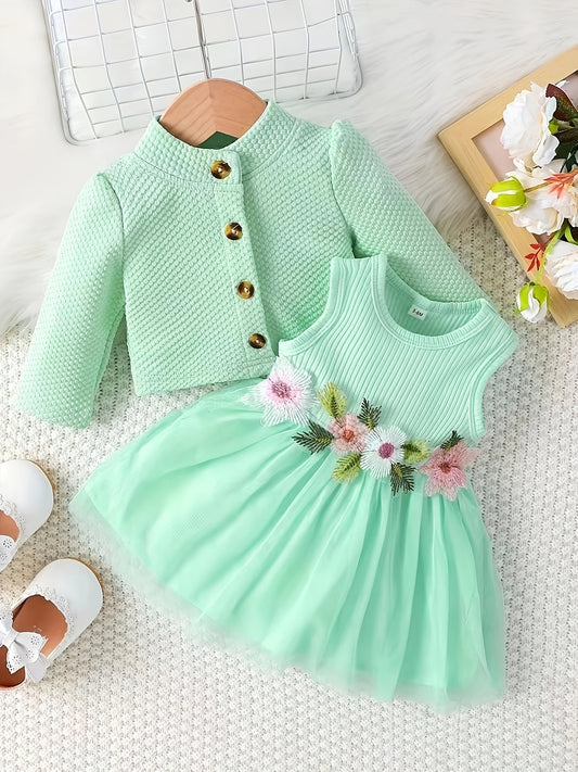 [Casual | Floral] Long Sleeve Floral Girls' Casual Dress | Skirt Set with Jacket