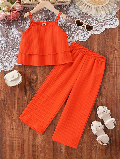 Two-Piece Outfit Featuring a Stylish Camisole and Pants, Perfect for Young Girls, Ideal for Summer Vacation Wear, for Outdoor