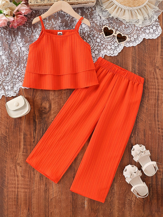 Two-Piece Outfit Featuring a Stylish Camisole and Pants, Perfect for Young Girls, Ideal for Summer Vacation Wear, for Outdoor