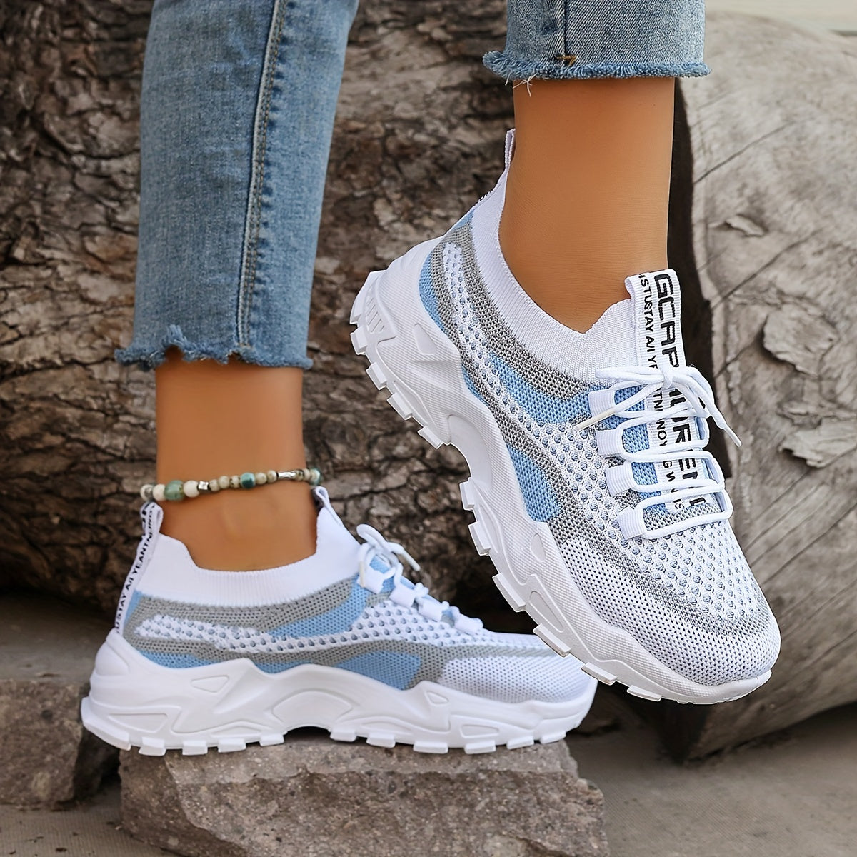 Women'S Color-Blocked Casual Sneakers, Breathable Lace-Up Running Shoes with Flying Woven Design, Stylish Mesh Platform Casual Footwear., Women Shoes