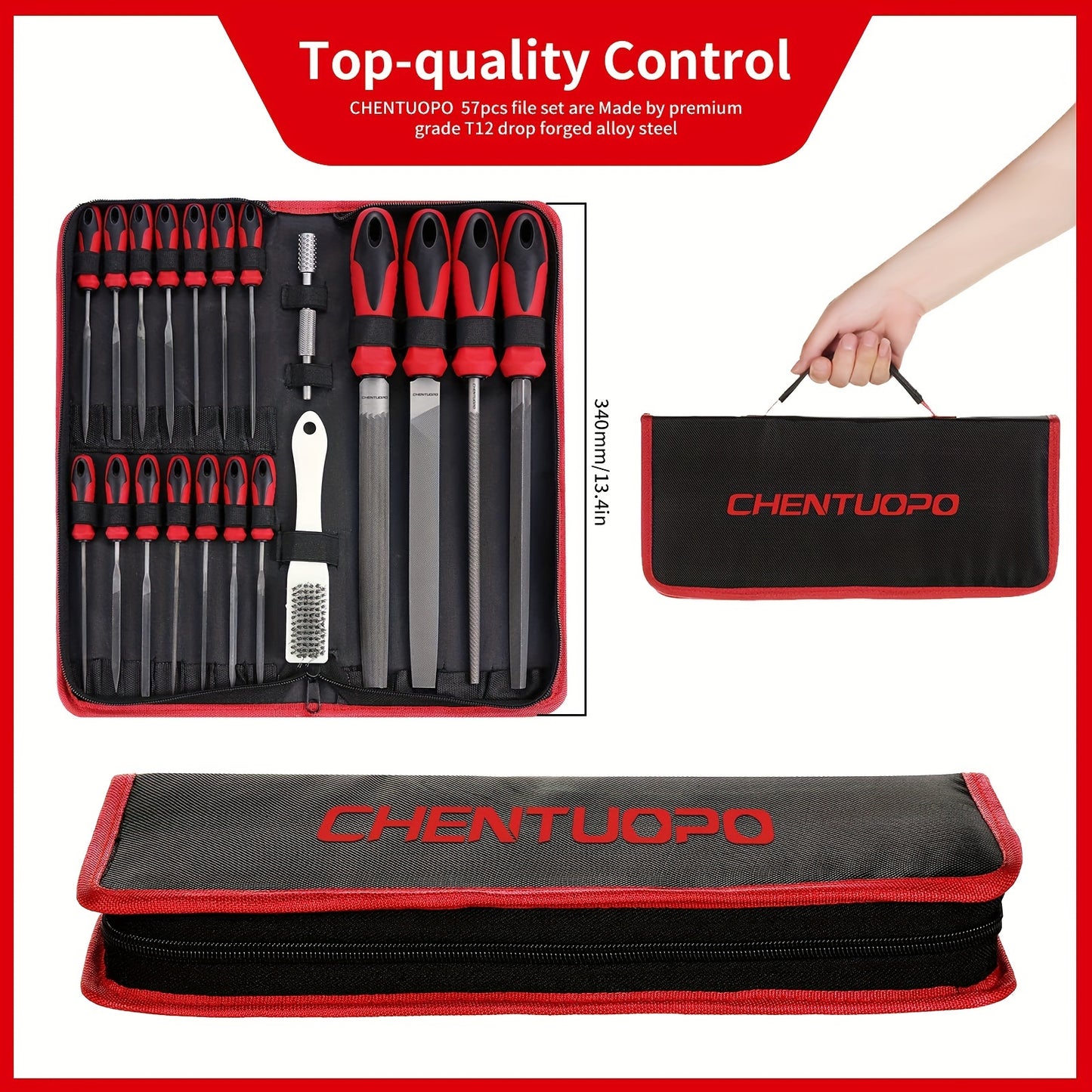 File Set 13pcs/57pcs Metal And File Set, T12 Grade Forged Alloy Steel, 4 Large Tools of Semi-Circular/Round/Triangular/Flat, 14 Needle Files And a Pair of Electric Files, a Brush And 36 Sheets of Sandpaper.